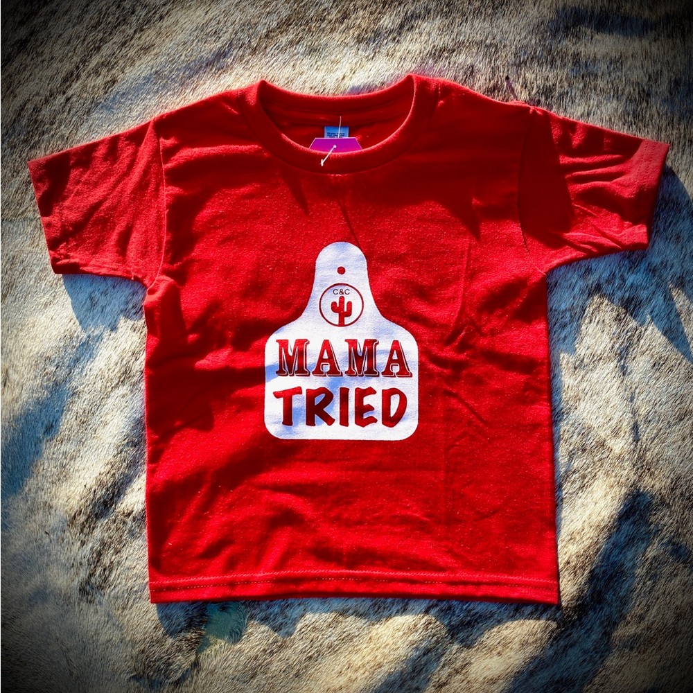 Kids' Red Graphic Tee with 'Mama Tried' Design
